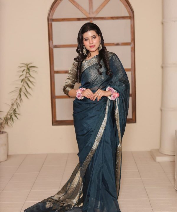 Front pose of model wearing premium Teal Blue Chiffon Saree by Silk Qila