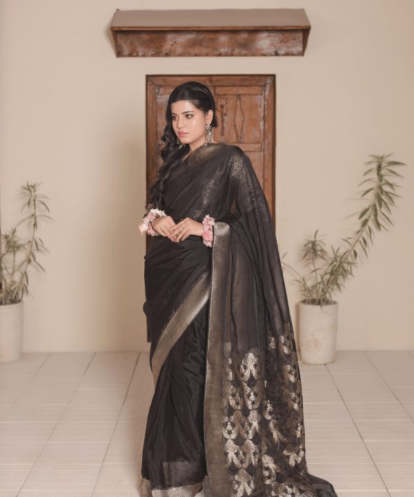 Black Chiffon Saree with Intricate Gold Paisley Palla Design