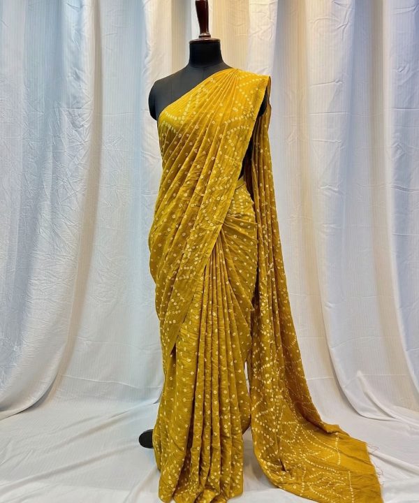 Chunri Bandhani Saree mustard yellow full drape mannequin Silk Qila Pakistan