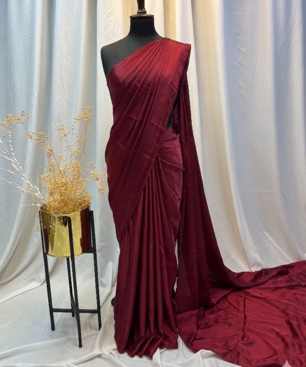Burgundy Lume Silk Saree | Plain Silk Saree Pakistan | Silk Qila