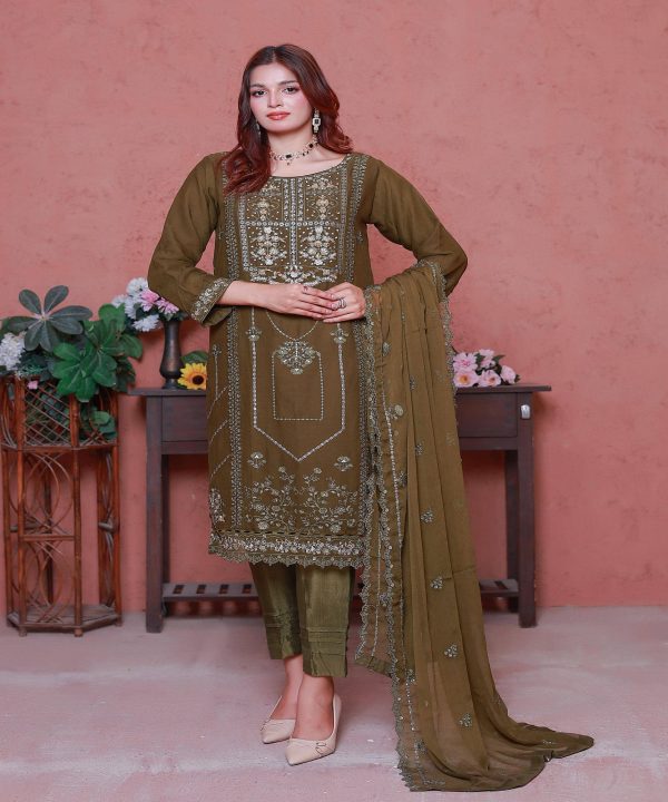 Mehndi Green Heavy Embroidered Chiffon Stitched Suit