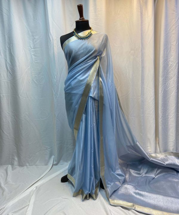 Sky blue plain satin saree with gold zigzag border full drape mannequin Silk Qila Pakistan
